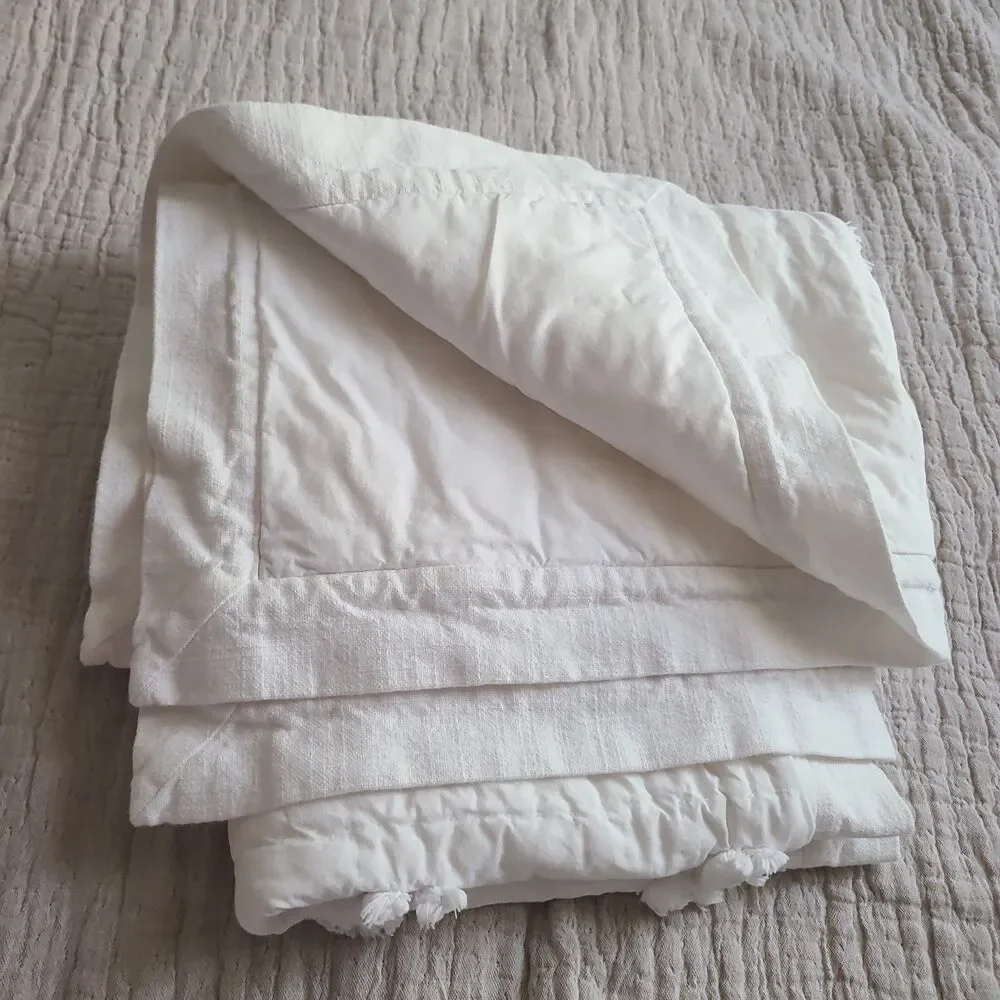 Pottery Barn Set (2) Shams Cotton White Standard Pom Pom Quilted 19.5